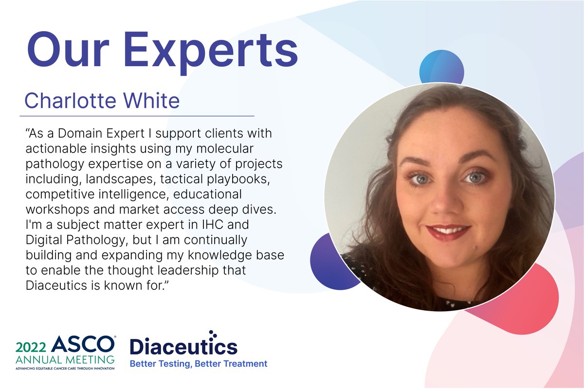 Diaceutics's tweet photo. The Diaceutics Experts are attending ASCO!
Charlotte White is our Domain Expert in Precision Medicine. Book a meeting now. #ASCO22
https://t.co/NaKVqRcR8Z https://t.co/HCaMriPVfS