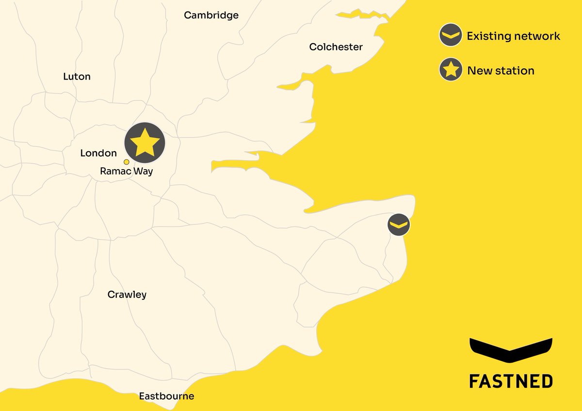 Fastned's tweet photo. Keep calm and carry on driving electric! We just opened Ramac Way, our first charging station in London 🇬🇧 and 11th in the UK. With up to 6x300 kW of charging speed, we’re ready to power your journey this Platinum Jubilee weekend ⚡️⚡️⚡️ https://t.co/ZUWCahZsGa