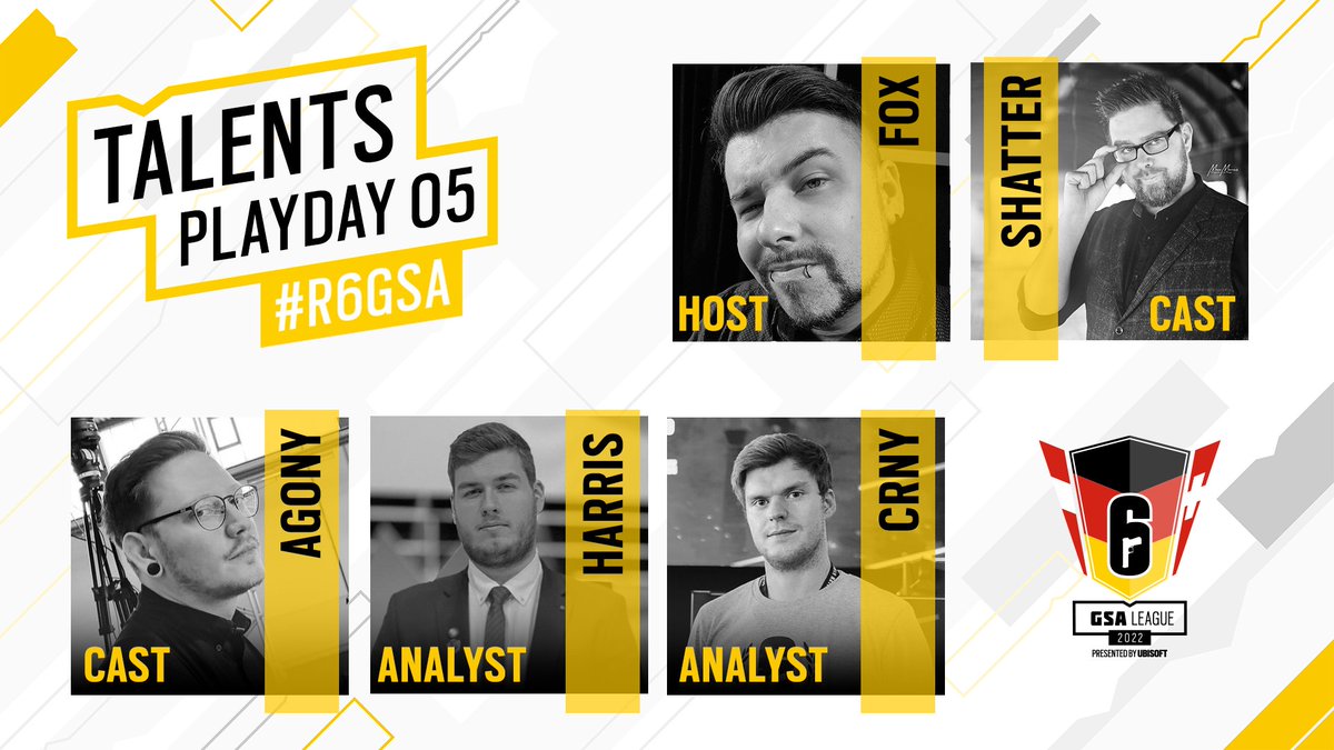 Unsere Talents werden diese Woche ein wenig durchgemischt!

<a href="/Der_F0X/">Der Fox</a> ist euer Host! 💯

<a href="/ShatterXxlive/">ShatterXx</a> und <a href="/AgOnYr6s/">AgOnY</a> sind heute Caster. 👊

Ganz neu dabei ist diese Woche <a href="/C0rnyyy/">CRNY</a>, der zusammen mit <a href="/harrisr6s/">Ihno "Harris" Kampen</a> die Analyse übernimmt! 🎉

Schön, dass ihr da seid. 🙌

#R6GSA