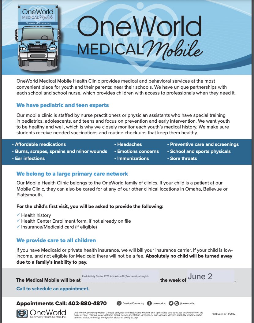OneWorld Mobile will be in Bellevue tomorrow at the Lied Center. June 2 from 8-4 pm in the SW corner of the parking lot. They’re here for all services, but it’s an easy way for families to get a jump start on a sports physical! <a href="/ChieftainNation/">Bellevue East</a> <a href="/BellevueSchools/">Bellevue Public Schools</a>