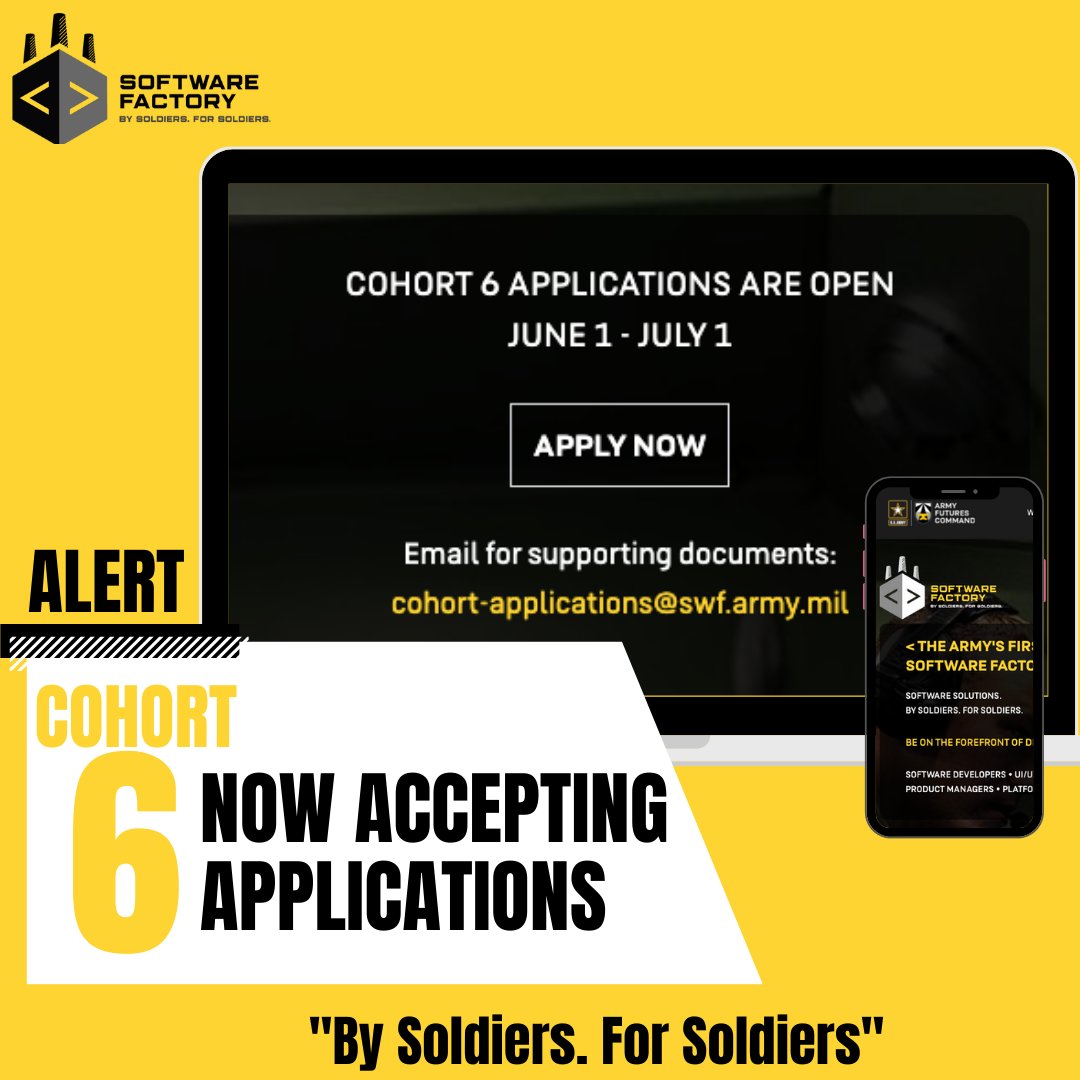 The Army Software Factory is now accepting applications for Cohort 6!

Application Deadline: 1 JULY
APPLY HERE: lnkd.in/gYWS82X

"By Soldiers. For Soldiers"

#ArmyFuturesCommand #ECMA #Army