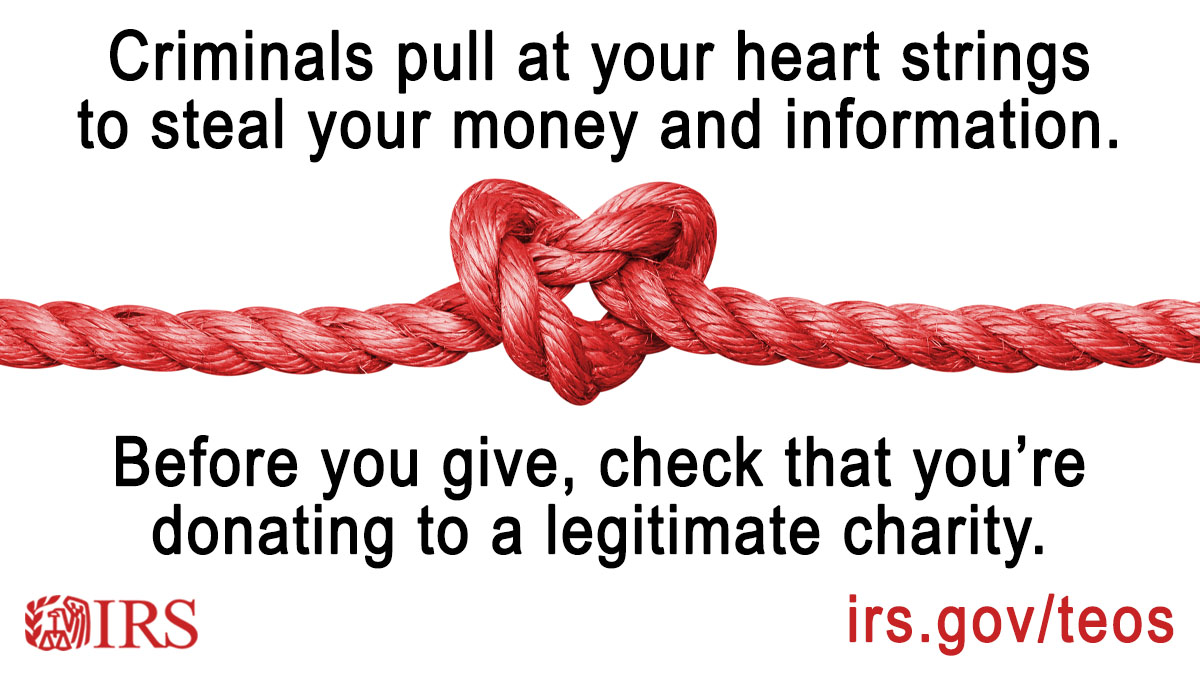 IRStaxsecurity's tweet photo. If you plan to support a cause, verify that you’re giving funds to a legitimate charity. #IRS can help: https://t.co/jeEpIsDvN9 https://t.co/YNrd1mWsK8
