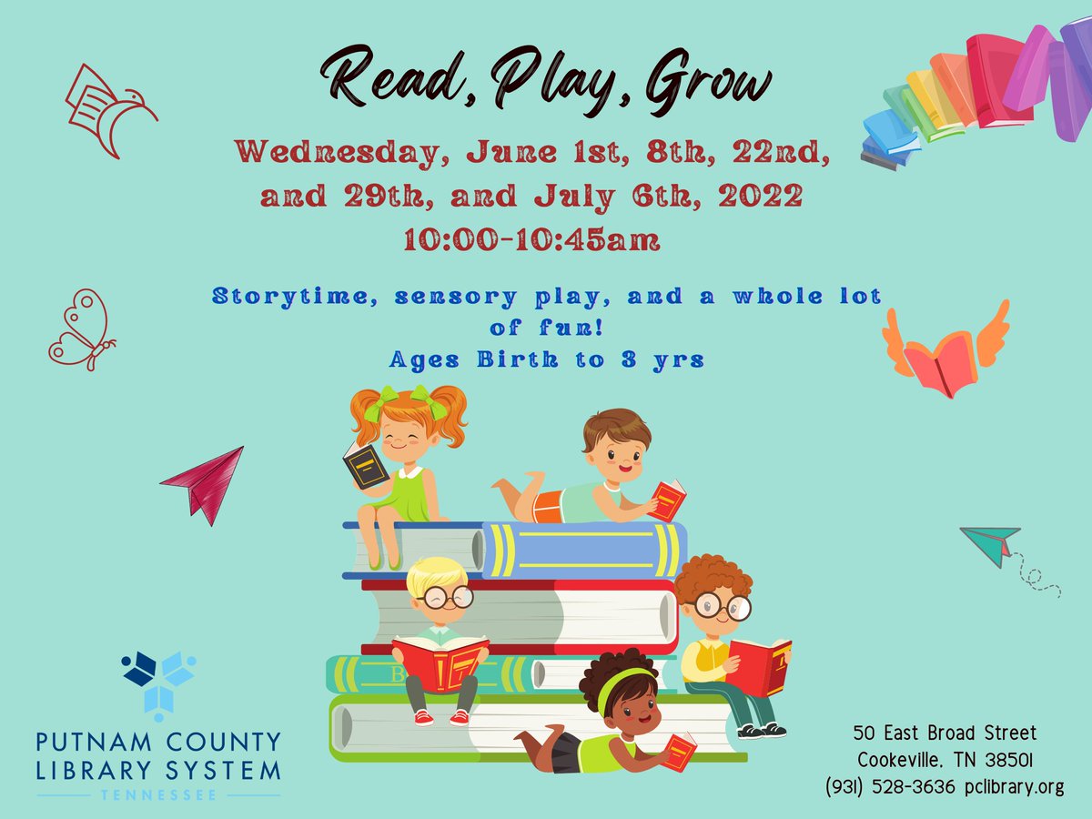 PutnamLibraryTN's tweet photo. Join us at the Cookeville branch for story time, sensory play, and a whole lotta fun! Ages birth-3 years.
#bookcommunity #lifelonglearning #PutnamCountyLibrarySystem https://t.co/pTiIHvNT6j