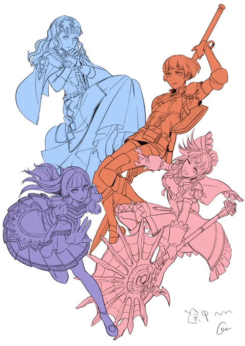 そういえば女子の線画あげるの忘れてた 描いてる途中で鮮明な画像が出されて、リシテアのスカートのプリーツが違うことに気づいたけど諦めたんでした 