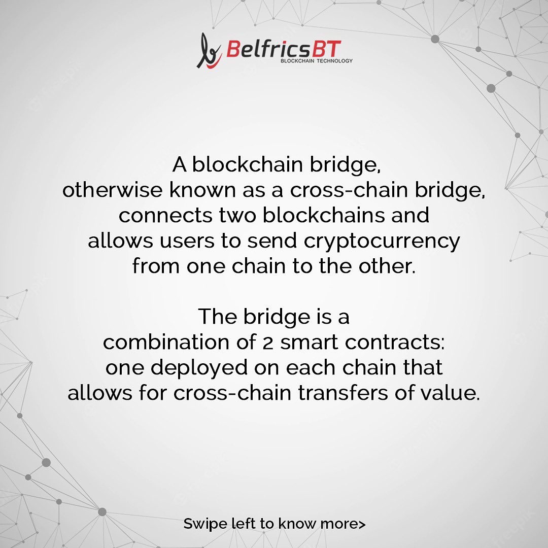 belfricsbt's tweet photo. Blockchain bridges, often referred to as network bridges, are programmes that allow users to transfer #digitalassets from one #blockchain to another.

Make your #datatransactions easy &amp; convenient using Blockchain bridges!

#BelfricsBT #blockchainbridges https://t.co/Ijq39IcbLc
