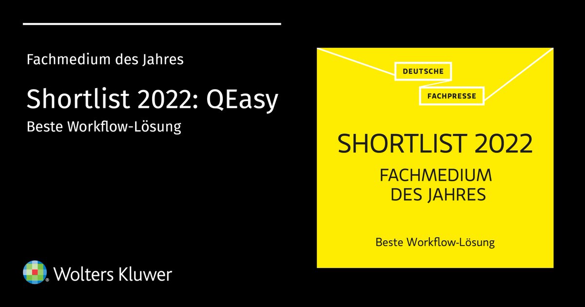 WoltersKluwerD's tweet photo. Die Fachmedien des Jahres wurden gestern Abend durch @fachpresse_de ausgezeichnet. Wir freuen uns über die "Shortlist"-Platzierung unserer Expertenlösung QEasy als beste Workflow-Lösung und gratulieren allen Preisträgern! #b2bmediadays22 #fachmedien #QEasy https://t.co/mto2X9fMOy