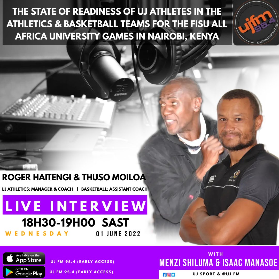 UJ_Sport's tweet photo. #UJAllTheWay #ujsport #ujfm  #ujbasketball #ujathletics #fasu #allafricagames

RADIO INTERVIEW |

Tune into your favorite radio station, UJFM  as the UJ Athletics coach and Manager, Roger Haitengi &amp; UJ Basketball assistant coach,  

⏰ 18H30
📻 95.4
🗓 Wednesday, 01 JUNE 2022 https://t.co/GxcRb0yZtM