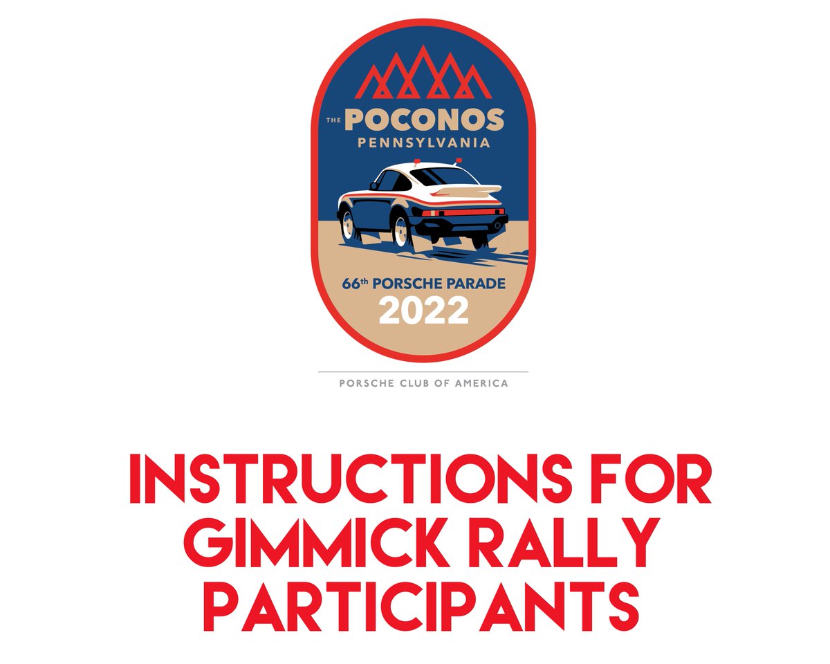 Attention #PorscheParade Gimmick Rally Participants!   Please check your email for important information on the #PCAParade2022 Rally.  Drivers/Navigators MUST attend a safety meeting and sign up for an out time.  For more info:  porscheparade.org/gimmick-rally