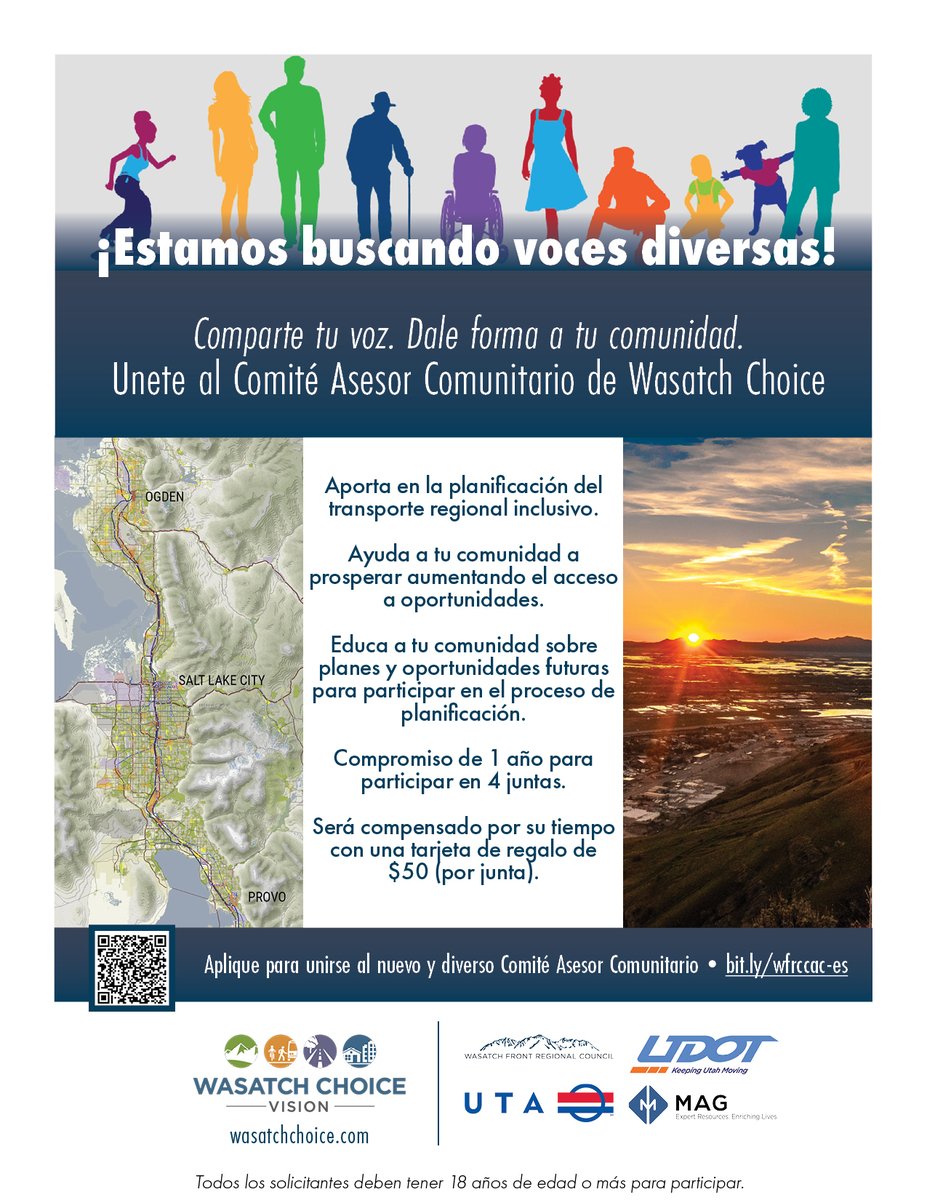 WasatchCouncil's tweet photo. Wasatch Front Regional Council, junto con sus socios de #WasatchChoice Vision, invitan a los residentes de nuestra región a unirse al nuevo Comité Asesor Comunitario. ¡Comparte tu voz para dar forma a tu comunidad!
Visite https://t.co/awormeTNFM para aplicar. https://t.co/MbtZtzowjU