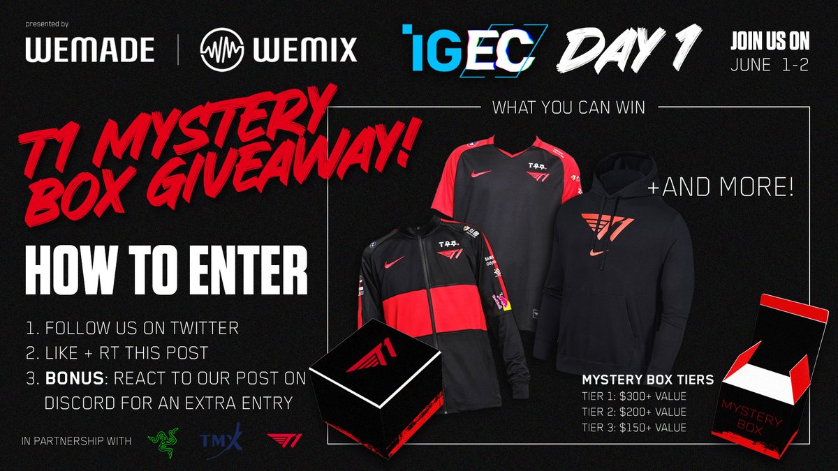 InvenGlobal's tweet image. Happy #IGEC2022 Day 1!

Today and tomorrow, we'll be hosting T1 Mystery Box Giveaways! At the end of each day, we'll draw FIVE winners! To enter:

➼ Follow us on Twitter
➼ Like/RT
➼BONUS: Join our Discord and react to our giveaway post

🤖 discord.gg/hBAG2mqjEK