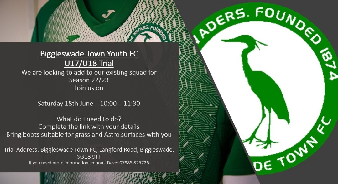 BTownYouthfc's tweet image. 📢 U17/U18 TRIALS ⚽️
Biggleswade Town Youth U17/U18 Season 22/23 are looking to strengthen their squad! 
League, county &amp;amp; FA Youth cup games! 
Complete the form (copy link) or call Dave! 
forms.gle/nhgEbEnRYMdQj7… 
#BTYFC #U17 #football #Biggleswade #waders