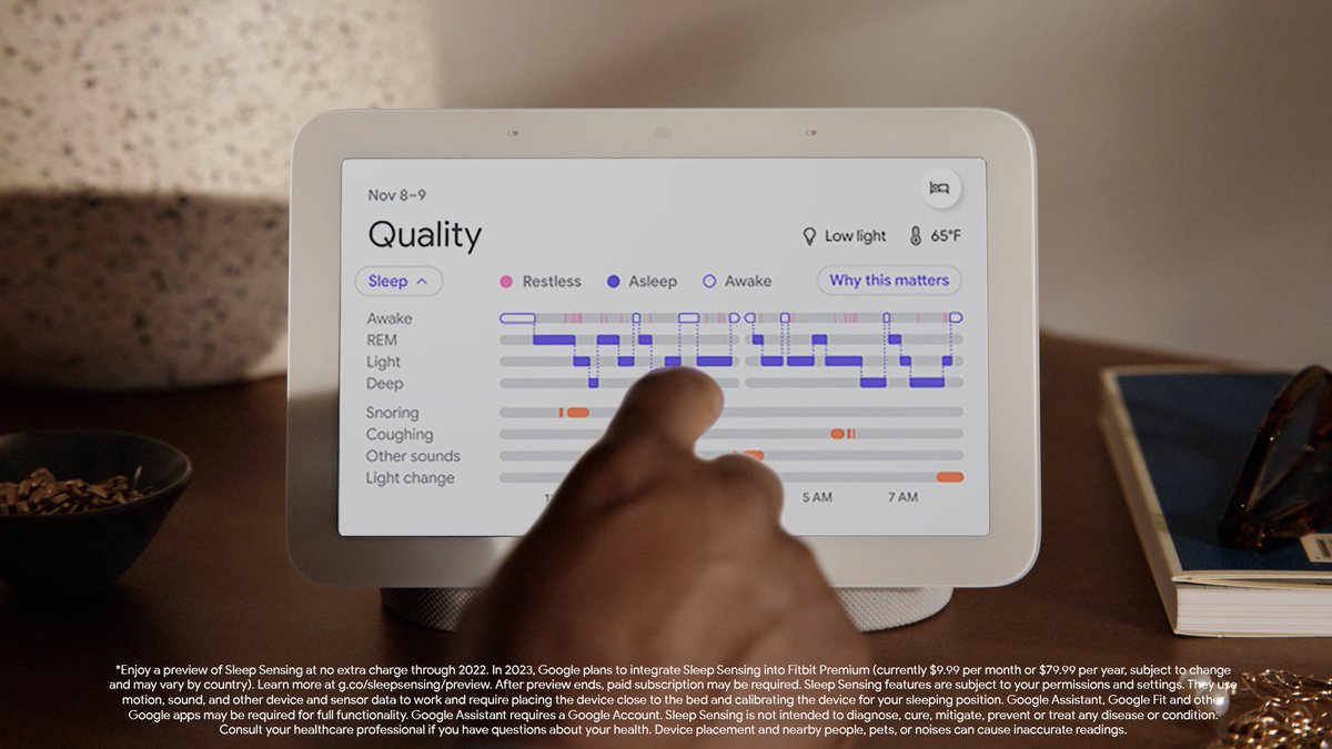 madebygoogle's tweet image. If you’re looking to learn more about your sleep, our upcoming new feature for #NestHub is a dream come true. 💤💭*

Get answers to your questions. Try saying:
"Hey Google, how much REM sleep did I get last month?"
"Hey Google, what's the earliest I went to sleep last week?"