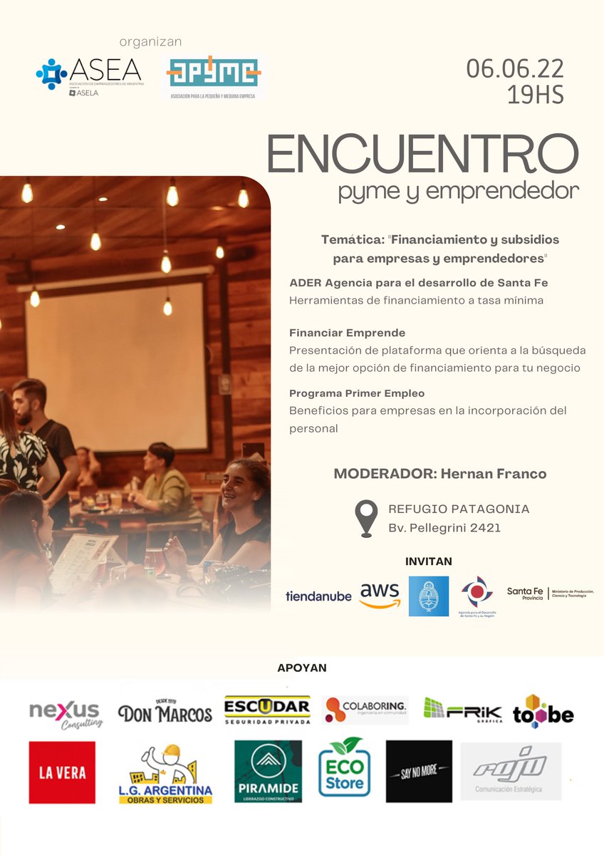 hernanfrancook's tweet photo. ¡Con @APYMESantaFe y @asea_arg volvemos a los eventos presenciales! 
Se viene ENCUENTRO pyme y emprendedor, un espacio para acompañar a los que empujan todos los días sus proyectos 💪🏻

Entre birra y música vamos a estar hablando sobre financiamiento 
Link https://t.co/X3WVFa3BqU https://t.co/LdHA8BxMNi