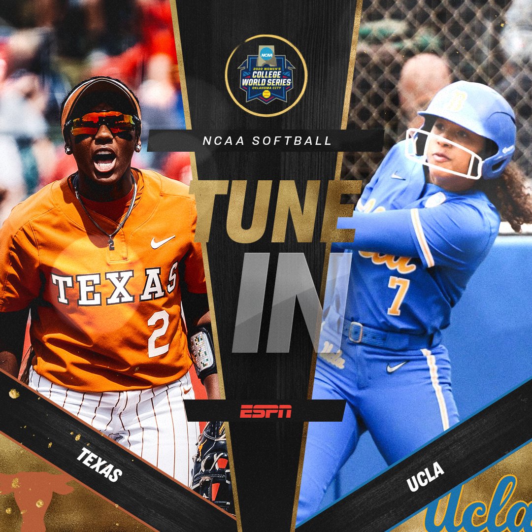 🥎 TUNE IN 🥎

<a href="/TexasSoftball/">Texas Softball</a>
🆚
(5) <a href="/UCLASoftball/">UCLA Softball</a>

📺 <a href="/espn/">ESPN</a> 
📻 <a href="/westwood1sports/">Westwood One Sports</a> 
📲 on.ncaa.com/WCWSApp

#WCWS