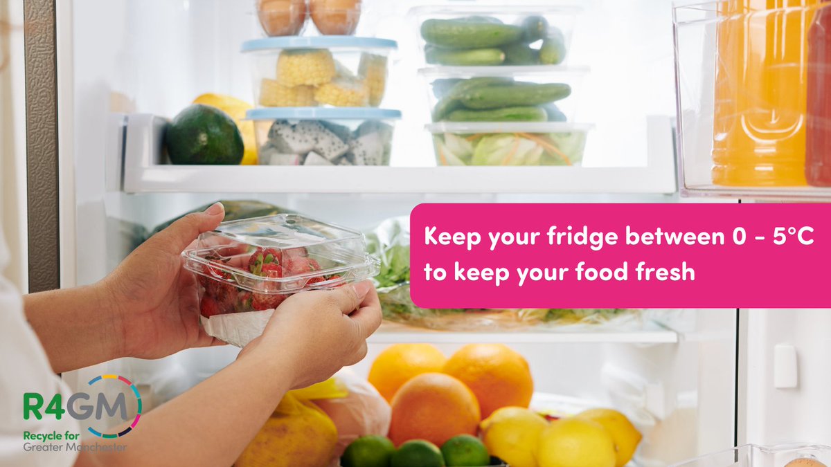 recycle4gm's tweet photo. One of the best ways to prevent food waste is to make sure your fridge temperature is between 0 and 5°C, as it keeps your food fresh for longer #SaturdayTip #BuyKeepEatRepeat https://t.co/ho4ypqJHWv