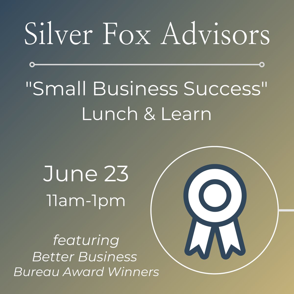 Why reinvent the wheel? Learn from the best. This month's Lunch & Learn will feature BBB award winners, including Dan Parsons and Hank Moore.  Come hear what's worked for them in building their businesses.  Bring your questions!  Click here for more  silverfox.org/events/