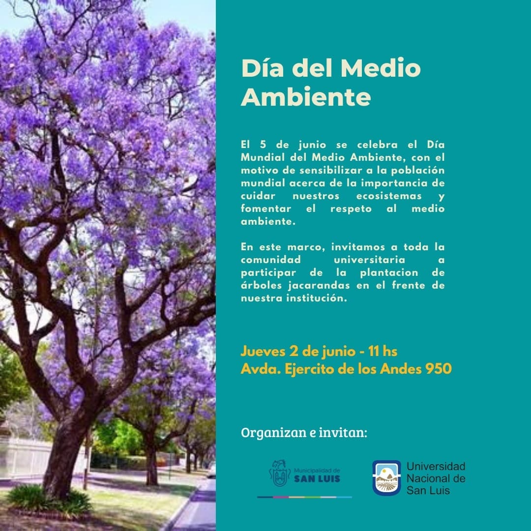 📌📆 Cada 5 de junio se celebra el Día Mundial del Medio Ambiente. 

☀️ ¡Invitamos a toda la comunidad a participar de esta actividad que se llevará adelante en la Universidad Nacional de San Luis (UNSL)! 🌳

#Rector #UNSL