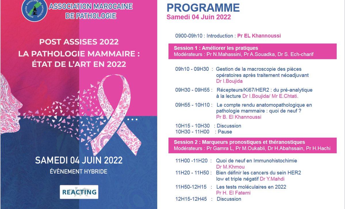 Don't miss the 'Post Assises de Pathologie' Join us on Saturday 4th June for a meeting about 'Breast Pathology : State of Art'. To register and attend, please use the link : virtuelevent.ma @elattar_hicham @BasmaKhannoussi @i_boujida @MounaKh5 @MRegraguiPath