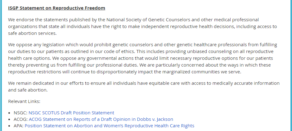 GeneticsIL's tweet photo. Please feel free to retweet or use as model for your own organizational statement. #GeneChat #AbortionIsHealthcare https://t.co/xeBnL6z969