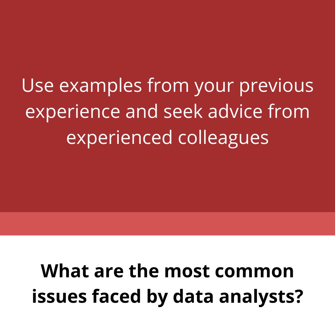 GraduatesFirst's tweet image. Top 4 Most Common Data Analyst Interview Questions:
1. What is &quot;data cleansing&quot; and how do you carry it out?
2. Name up to 5 important data analyst tools?
3. What are the most common issues faced by data analysts?
4. What are the technical skills required?

#analyst #interview