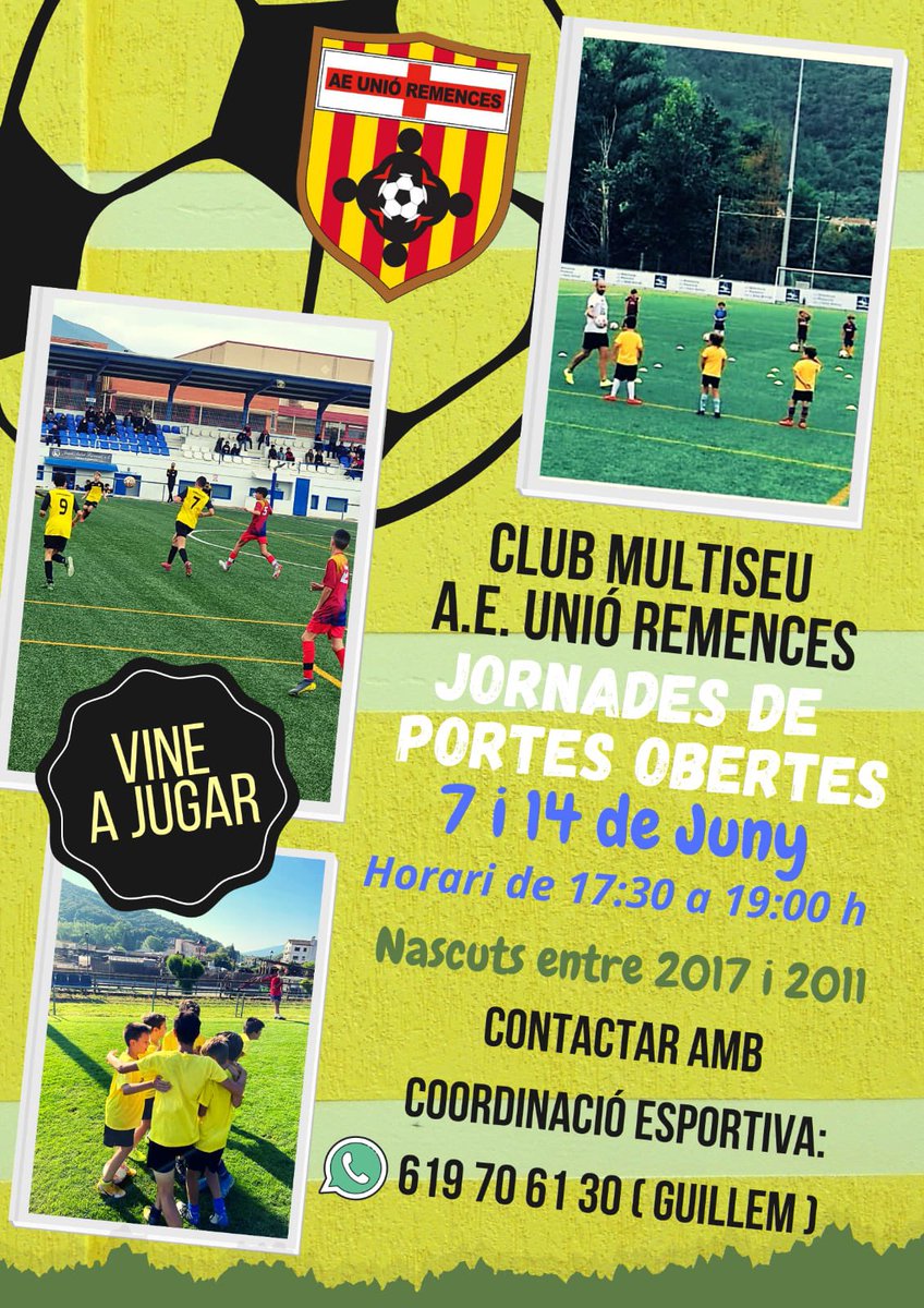 ❓Vols provar el futbol? 
📅 El 7 i 14 de juny vine a les portes obertes del club!
✅ Nens i nenes nascuts entre el 2011 i 2017
📲 619706130 (Guillem) 

😃 Us hi esperem!

🟡 #SOMREMENCES ⚫️