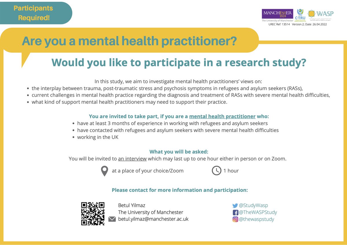 📢 📢📢 We are recruiting "UK mental health practitioners" who:
🙂have/had contact with refugees and asylum seekers with severe mental health difficulties. 
Check our poster below for more information! 
For participation:
📩betul.yilmaz@manchester.ac.uk 
📨 DM here!