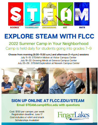 Half-day summer STEAM camp opportunities available for #NaplesCSD students currently in grades 6th, 7th, &amp; 8th at #FLCC_Connects campuses. Sign-up at FLCC/Edu/STEAM! Scholarships available.