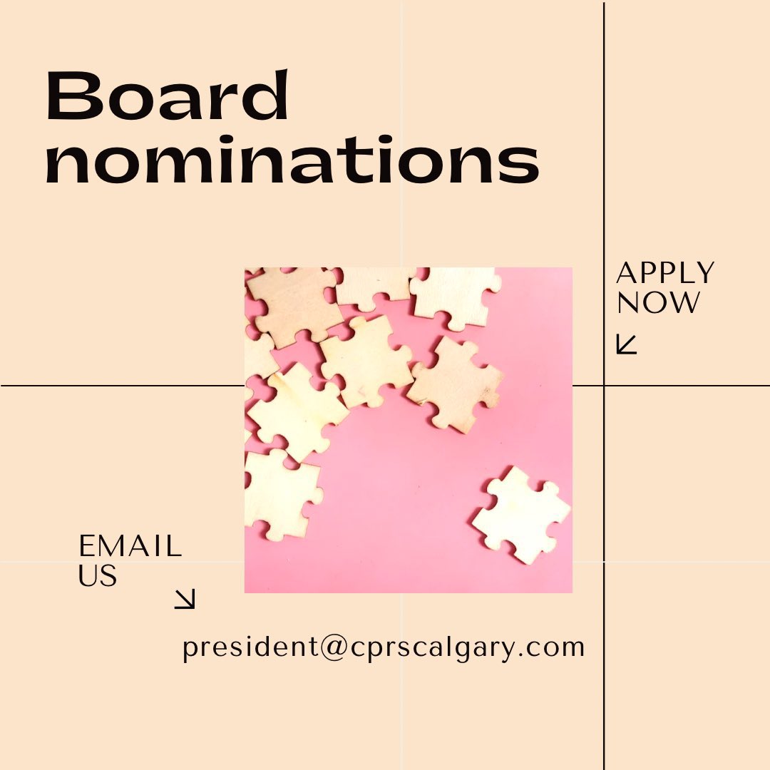 CPRSCalgary's tweet photo. The Board nominations deadline is next Thursday, June 9.

If interested, email us at president@cprscalgary.com

#leadership #board #CPRSCalgary #CPRSProud #Volunteer https://t.co/mXV8q7pO1p