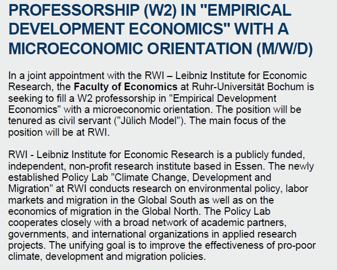 We are hiring. Tenured Professor (W2) for "Empirical Development Economics” <a href="/ruhrunibochum/">Ruhr-Universität Bochum</a> &amp; <a href="/RWI_Leibniz_en/">RWI Leibniz Institute</a> as part of our new Policy Lab. You will work closely with our “Climate &amp; Development” group, notably on migration in the Global South. #econtwitter bit.ly/3PObjcO