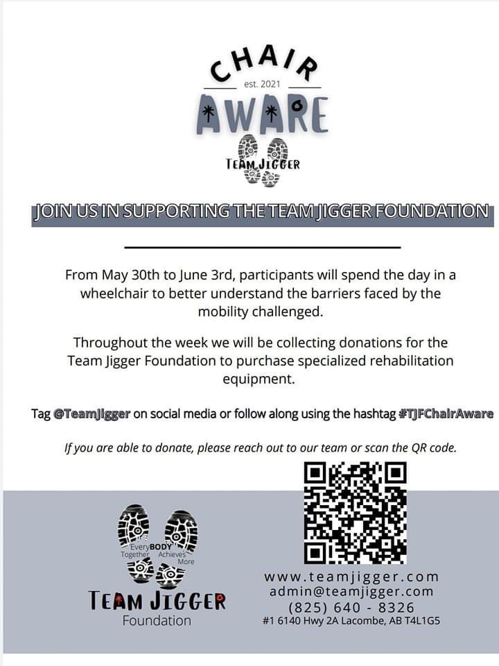 The Team Jigger Foundation has a program called the Chair Aware program. It allows us to experience the limitations faced by individuals who live with mobility issues. Today we signed up! Check out their site for more info - or to make a donation #teamjigger #OldsCollege
