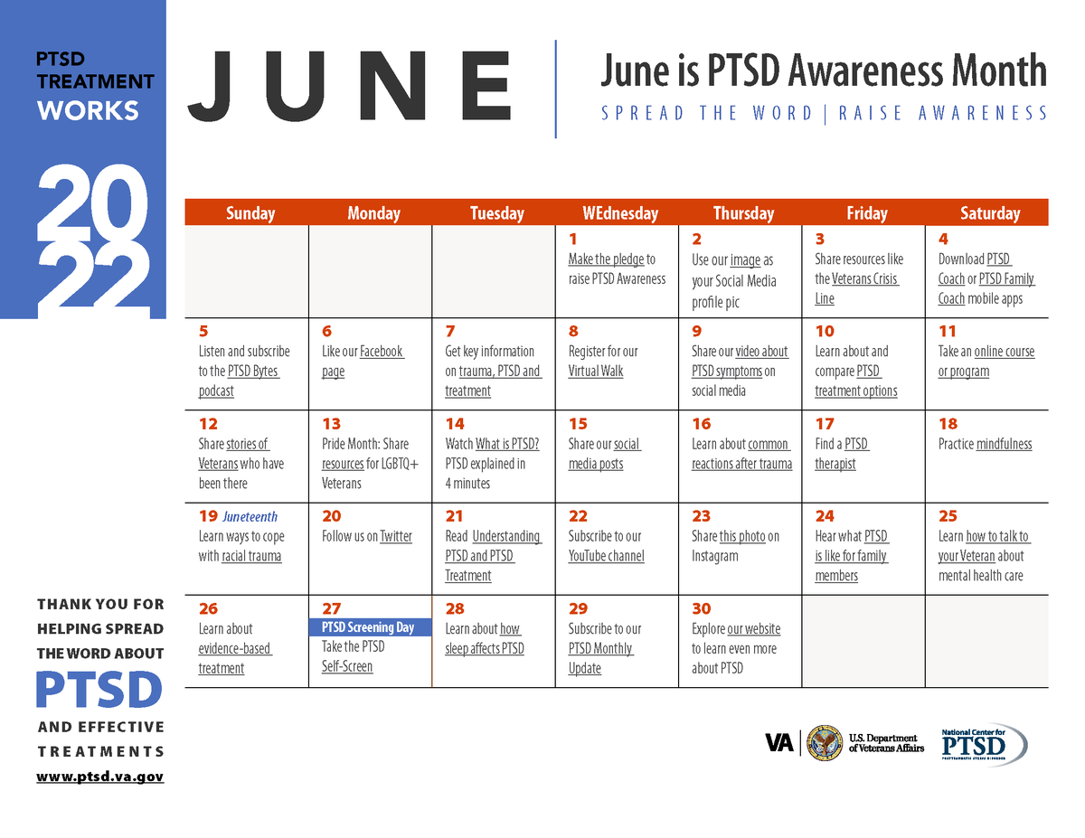 ttpster's tweet photo. June is PTSD Awareness Month. Help raise PTSD awareness and spread
the word with @VA_PTSD_Info calendar of engagement: https://t.co/cMN18OTgw7 #Ttpster

#PTSD #PTSDAwarenessMonth https://t.co/8gajaoNcG3
