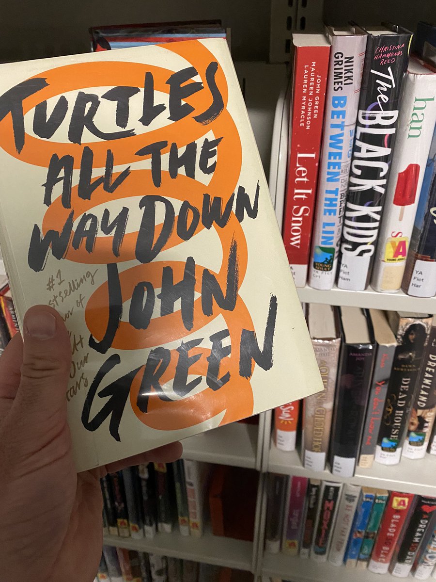 arch27's tweet photo. Arrived for circulation this morning. Been subtly hinting that we need more John Green on the shelves so I’m glad to see it. #JohnGreen #TurtlesAllTheWayDown @johngreen @SCPL_NY https://t.co/wpSzrXujX3