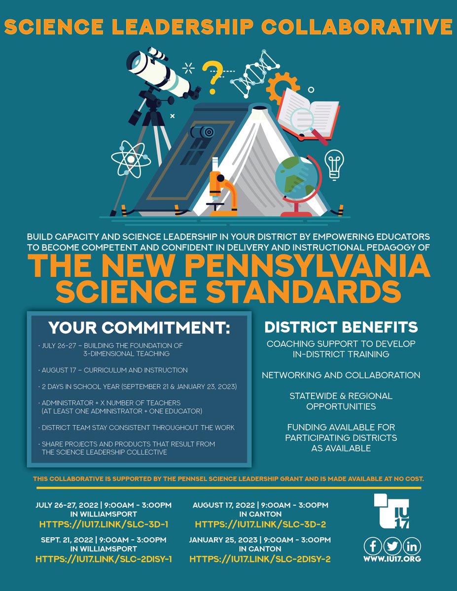 BLaSTIU17's tweet photo. Build capacity and science leadership in your district by empowering educators to become competent and confident in delivery and instructional pedagogy of the new Pennsylvania Science Standards! 🧪🥼
Register today at https://t.co/caFe0U5XhP
#PAscience @PADeptofEd @PAIU https://t.co/01ZVn04Srl