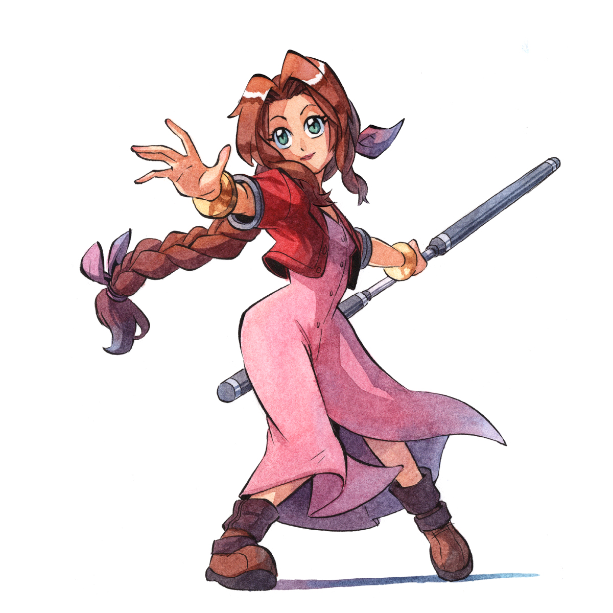 aerith gainsborough 1girl solo dress pink dress brown hair staff braid  illustration images