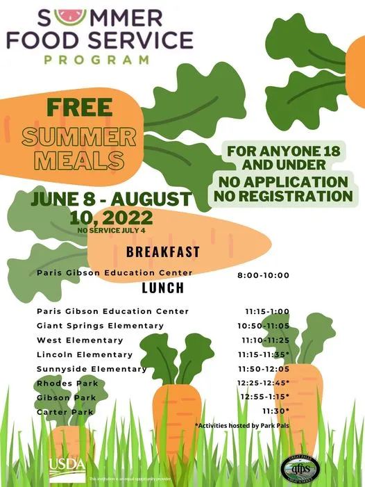 KidsEdYes's tweet photo. FREE summer meals for all those 18 and under. 🥕 PLEASE SHARE!

#kidseducationyes #greatschoolsforgreatfalls #greatfallspublicschools #greatfallsmontana https://t.co/B2eM9qfC0a