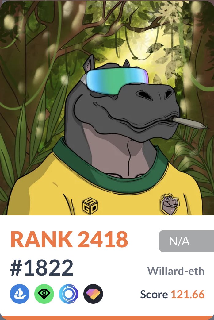 crypto_willard's tweet photo. Not the rarest hippo, but it’s in the 25th percentile. Love the color coordination with the jersey and the jungle on this one. https://t.co/Kcl94IVe43