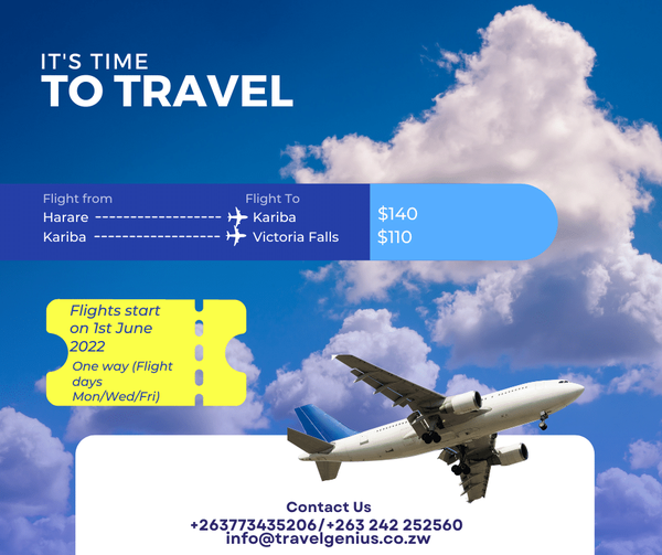 TravelGenius3's tweet photo. As of the 1st of June 2022, you can book your one-way #flights with us from #Harare to #Kariba for as little as $140USD and Kariba to #Victoria_Falls for $110USD.
Simply DM us for more info. With us, you travel at ease. https://t.co/D1qinVNPU1