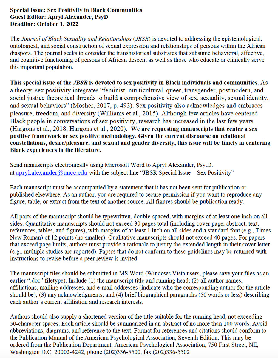 DrAprylA's tweet photo. Upcoming special issue on Sex Positivity in Black Communities in the Journal of Black Sexuality and Relationships! If you have research using a sex positive framework, send it my way! #AcademicTwitter #AcademicChatter #SexPositivity https://t.co/yaixpqX1FN