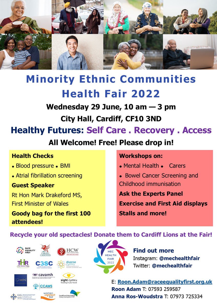 Save the date! Free health checks and workshops at our Health Fair on Wednesday 29th June! Everyone is welcome! #healthfair #getchecked <a href="/MecHealthFair/">MEC Health Fair</a> <a href="/cardiffcouncil/">Cardiff Council</a> <a href="/SightCymru/">@sightcymru</a> <a href="/C3SC/">Cardiff Third Sector Council (C3SC)</a> <a href="/TheMentorRing/">The Mentor Ring</a> <a href="/Women_CF/">Women Connect First</a>