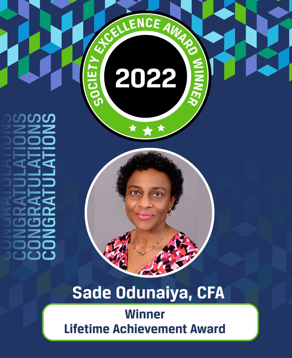 Congratulations to Sade Odunaiya, CFA on winning the 2022 CFA Institute Lifetime Achievement Award and to Banji Fehintola, CFA <a href="/banjifeh/">Banji Fehintola</a> on winning the Volunteer of the Year Award, EMEA region👏🏾🥳

#CFANaija #CFA #excellenceawards #financeprofessionals #cfacharterholder