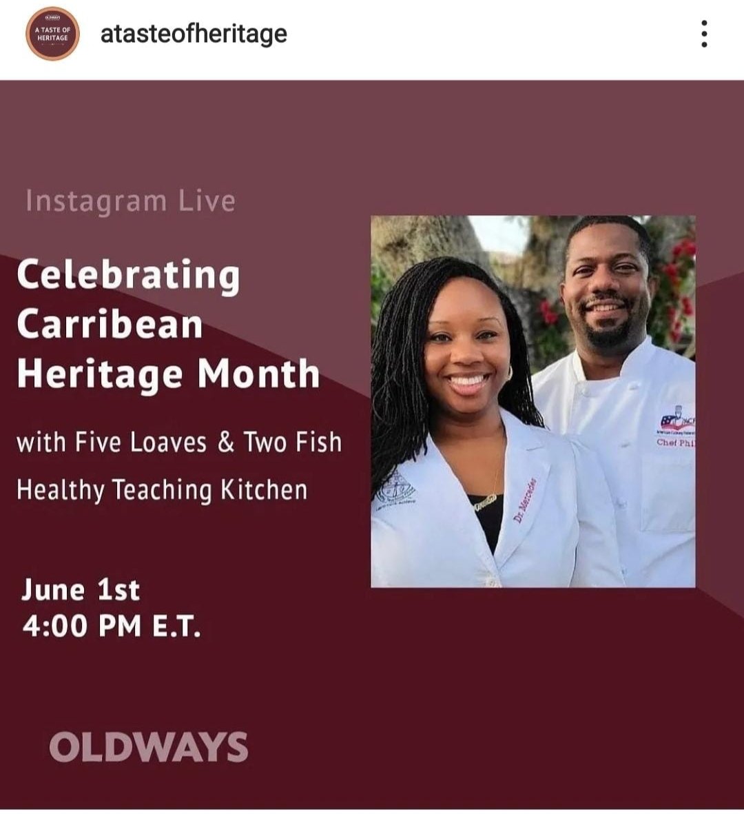 52htk's tweet photo. 📣 Join Us Today for an Awesome Instagram Live Cooking Presentation with with 'A Taste of Heritage' @oldwayspt to commemorate #CaribbeanHeritageMonth 🎉!

@gisbarbados @Barbados @miaamormottley @abc7ny
@WFTV @WESH @TheOrlandoTimes  
@news6wkmg @orlandoweekly @orlandosentinel https://t.co/xDWRDGXF1Z