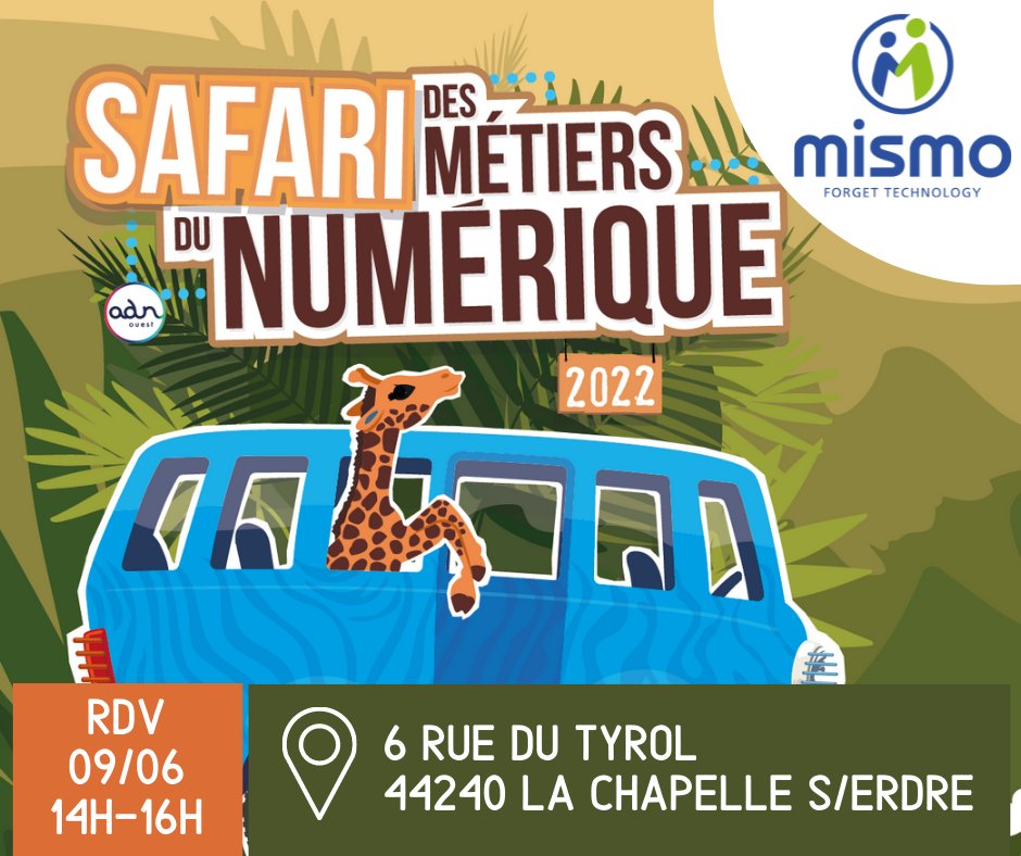 Découvrez Mismo et ses métiers lors de la 2ème étape du #Safaridesmetiers ! 🌴🐯

📅 RDV le 09/06 à partir de 14h00

Inscription 👉 docs.google.com/forms/d/e/1FAI…

#recrutement #job #emploi #développeur #support #systemeetreseau #Nantes