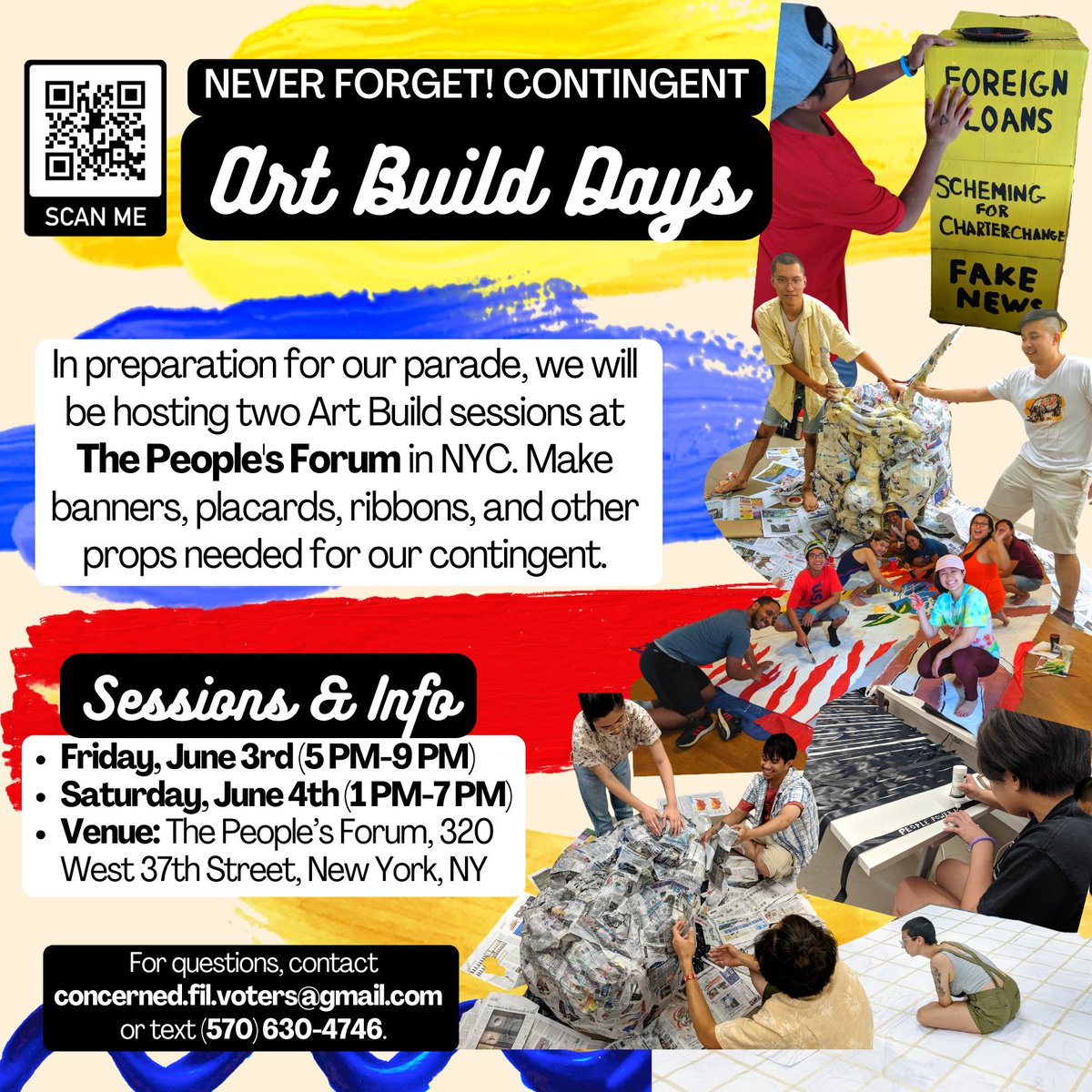 In preparation for our parade on June 5th, the NEVER FORGET! Contingent is hosting two Art Build Sessions at The People's Forum in NYC. Make banners, placards, ribbons, and other prop needed for our contingent! RSVP @ tinyurl.com/labanpidc!

#NeverForget 
#RejectMarcosDuterte
