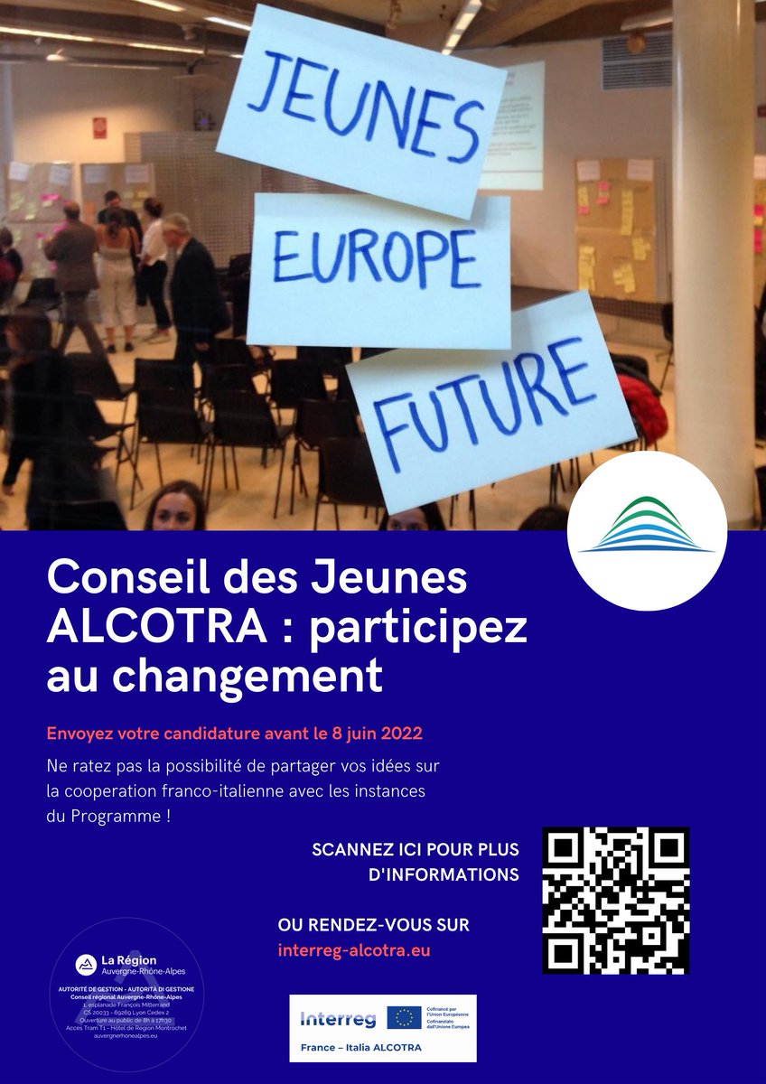InterregALCOTRA's tweet photo. 🙋 Conseil des Jeunes ALCOTRA: vous avez JUSQU'AU 8 JUIN pour nous envoyer votre candidature. Participez au changement!📣
https://t.co/2hLJPZNM34
🙋‍♂️Consiglio dei giovani ALCOTRA: invia la tua candidatura ENTRO L'8 GIUGNO! Partecipa al cambiamento! 📣
https://t.co/cUDkgS8bpo https://t.co/tQT8ClFxZC