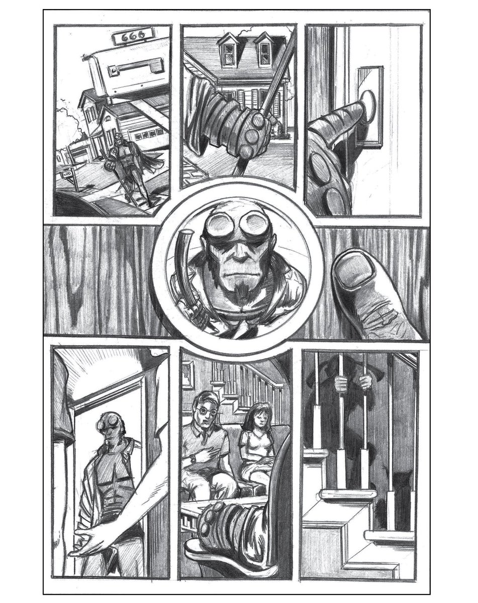 dpjcomics's tweet photo. Page 2 of some small Hellboy pencilled pages. Having fun playing with layout and visual storytelling. 666 Sterling Road. 👀 #hellboy #comic #comics #comicartist #comicartist #darkhorsecomics #comicbook #comicbooks #hellboycomic #darkhorse https://t.co/ki2J7LZr8e
