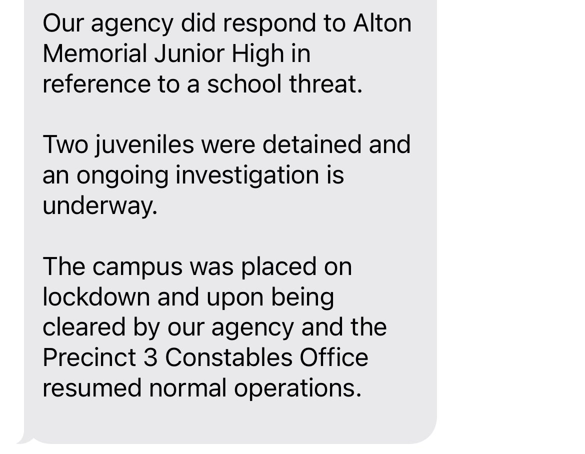 SydneyHdzTV's tweet photo. #RGV Two juveniles at a middle school were detained by Alton Police for making a school threat this morning. Alton Memorial Junior High is now resuming normal operations.
#Kveo @kveotv23 https://t.co/kdM6dvj6yF