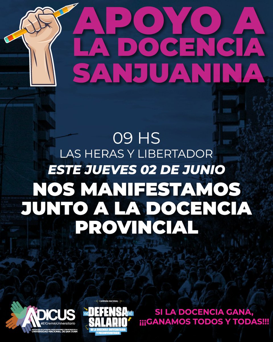 adicus_sj's tweet photo. Mañana nos manifestamos a las 9 hs en el Centro Cívico junto a la docencia de la provincia de San Juan.

¡En la unidad radica el triunfo de las y los trabajadores!

#ADICUS #ElGremioUniversitario #ElGremioMayoritario #EnDefensaDeNuestroSalario #DocentesSanJuan https://t.co/9nlECVA5jU