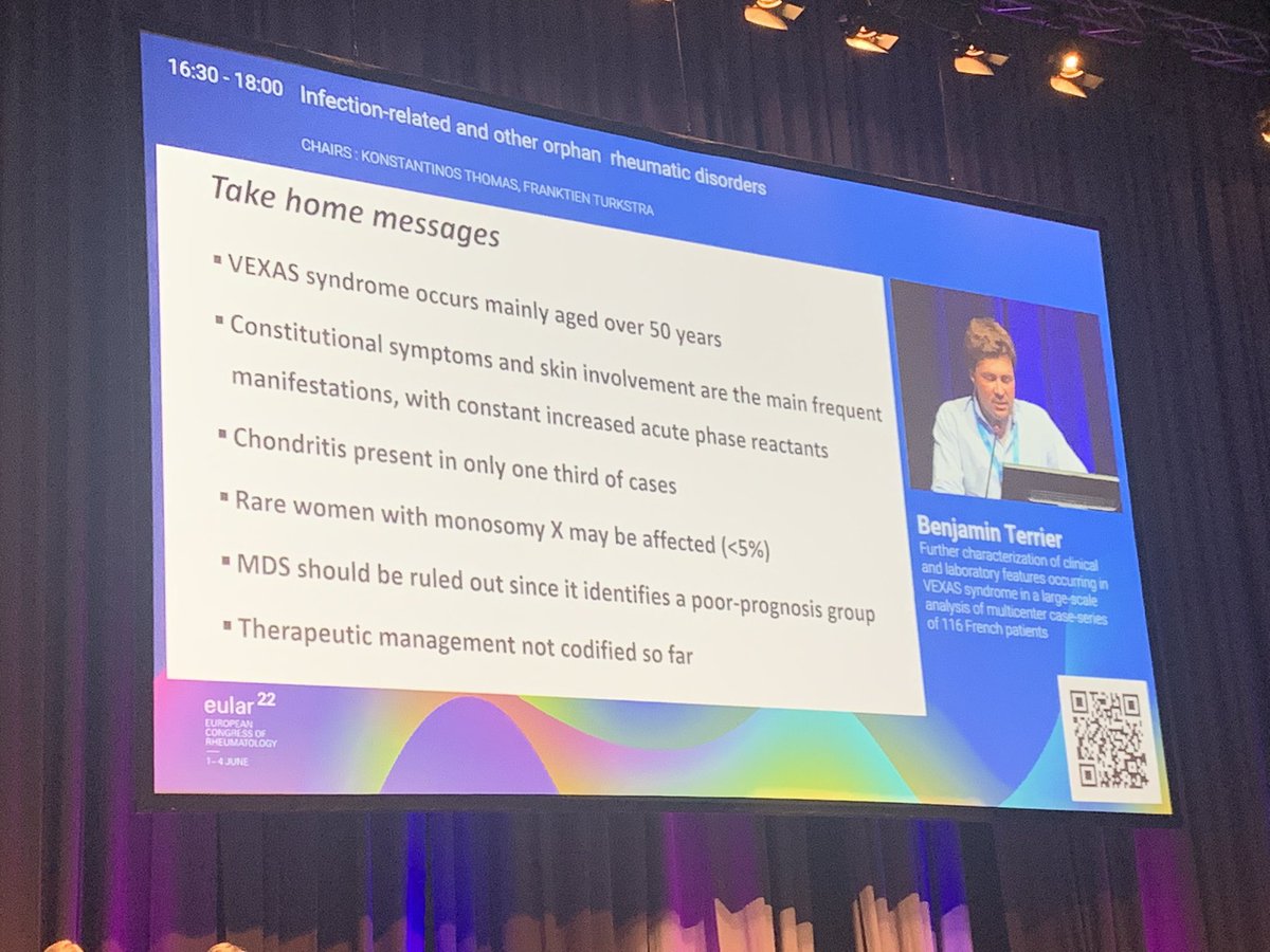 Exciting Case series on the “VEXAS-syndrome” at the orphan disease session <a href="/eular_org/">EULAR</a> #EULAR22 <a href="/TerrierBen/">Benjamin Terrier</a> #emeunet