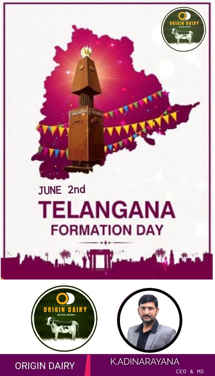 OriginDairy's tweet photo. రాష్ట్ర ప్రజలందరికీ తెలంగాణ రాష్ట్ర ఆవిర్భావ దినోత్సవ శుభాకాంక్షలు.

#telanganaformationday https://t.co/g5aiUQ8eWc