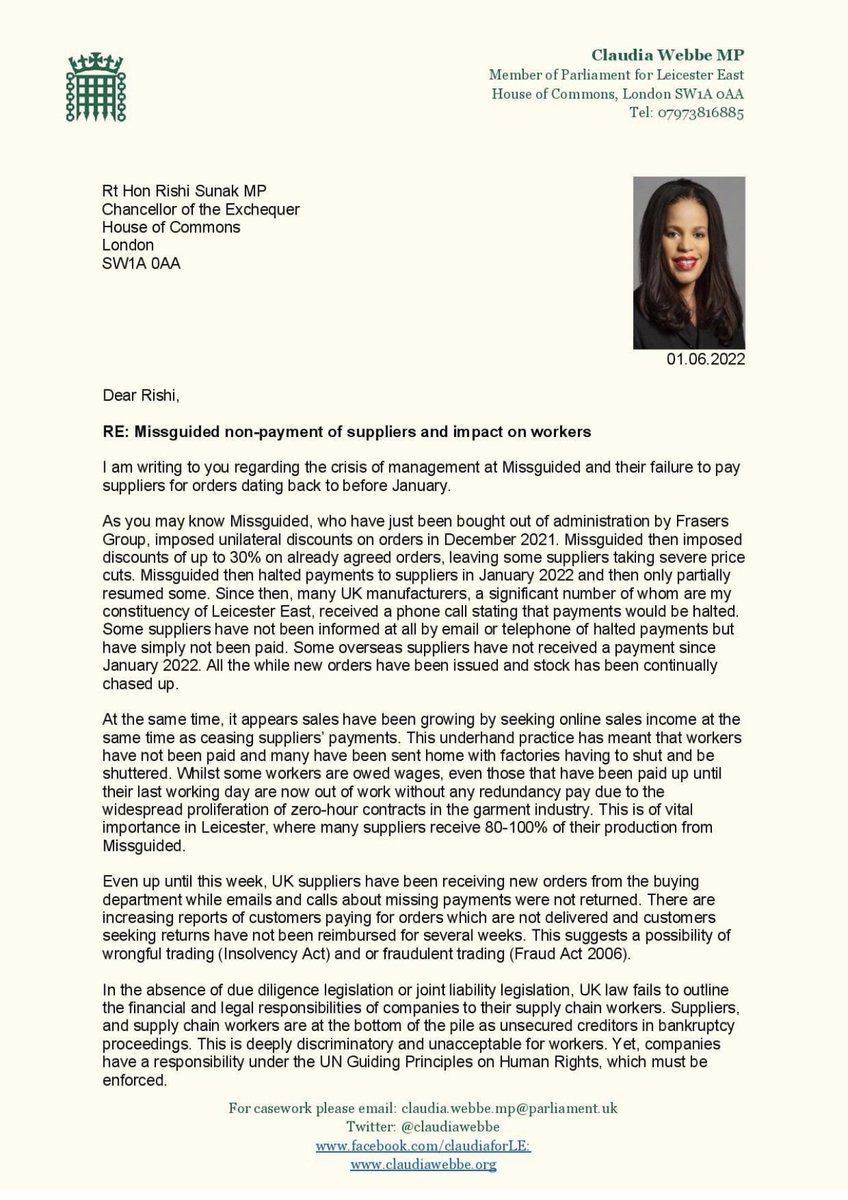 ClaudiaWebbe's tweet photo. I have written to the Chancellor, about the despicable behaviour of online fast fashion brand Missguided.

They failed to pay suppliers for orders whilst continuing to trade and rip-off customers.

Garment factories have closed and workers have been laid-off without pay or notice https://t.co/9rphCiLu1I